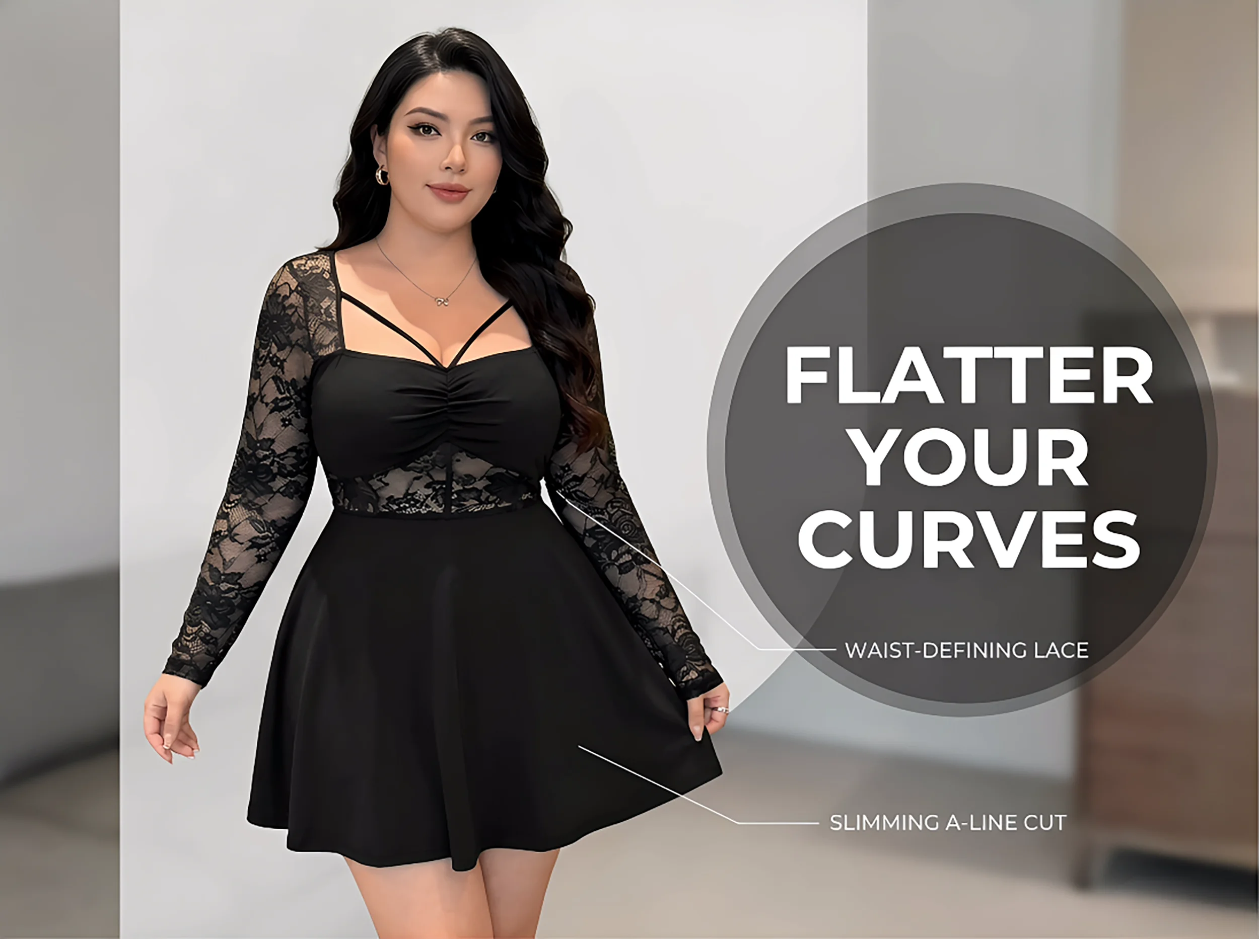 Plus Size Womens Dress Lace Long Sleeve Ruched Dress Lace Mini Dress Fit Casual Chic Apparel Dresses Spring Summer Daily Dress