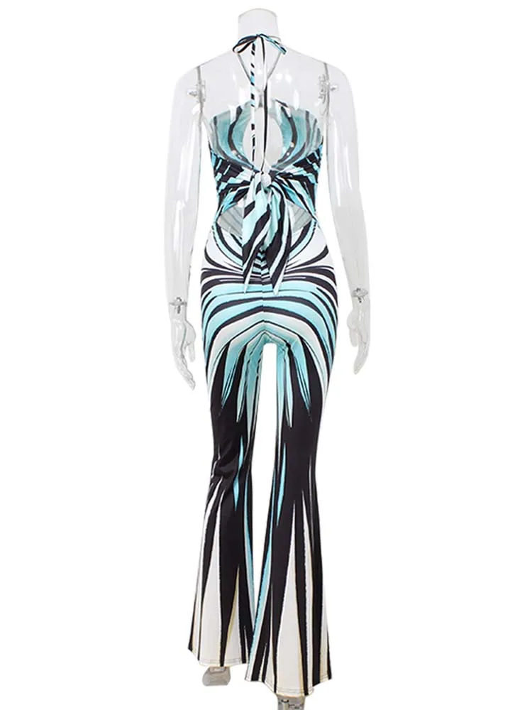 Ahagaga Fashion Printed Women Jumpsuits Halter Bandage Hollow Out Striped Skinny Flare Pants Sexy Streetwear Rompers Female