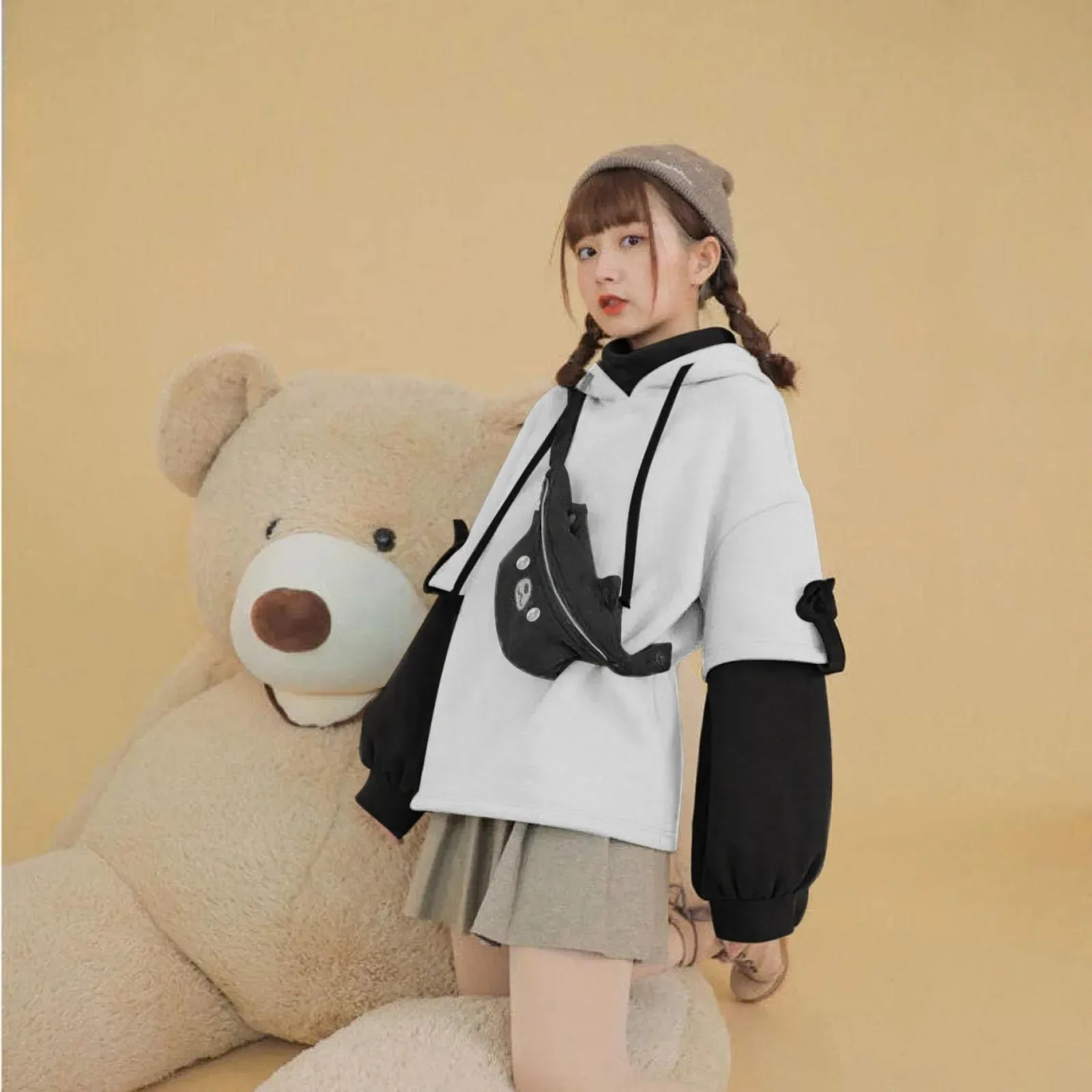 Y2K Clothes Cute bear backpack in spring and autumn fashion Hoodie Women's winter Harajuku loose casual street clothes Japanese