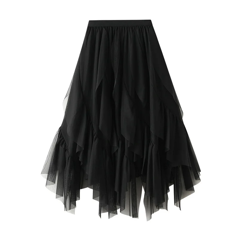 Casual Loose Ruffle Mesh Midi Skirt Summer Women's Skirts New Skinny Elastic High Waist Solid Mesh Lining Skirt Woman Clothing