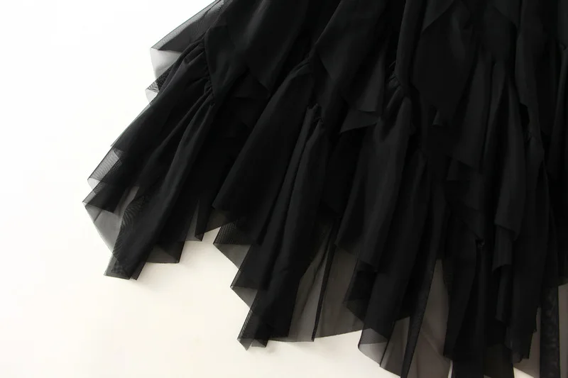Casual Loose Ruffle Mesh Midi Skirt Summer Women's Skirts New Skinny Elastic High Waist Solid Mesh Lining Skirt Woman Clothing