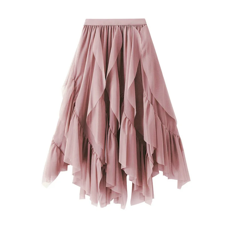 Casual Loose Ruffle Mesh Midi Skirt Summer Women's Skirts New Skinny Elastic High Waist Solid Mesh Lining Skirt Woman Clothing