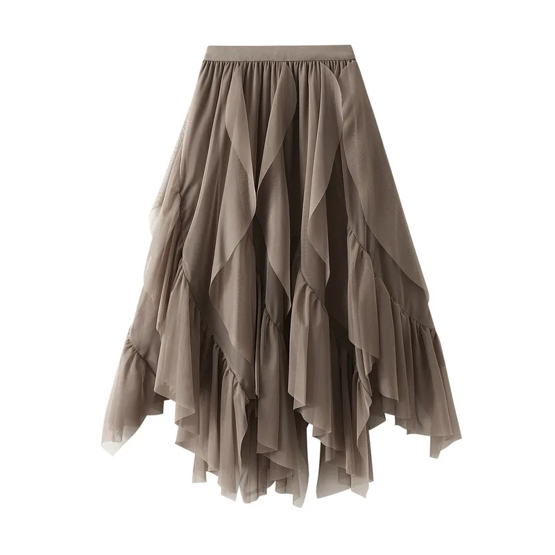 Casual Loose Ruffle Mesh Midi Skirt Summer Women's Skirts New Skinny Elastic High Waist Solid Mesh Lining Skirt Woman Clothing