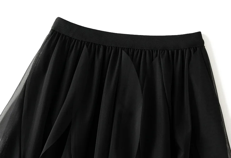 Casual Loose Ruffle Mesh Midi Skirt Summer Women's Skirts New Skinny Elastic High Waist Solid Mesh Lining Skirt Woman Clothing