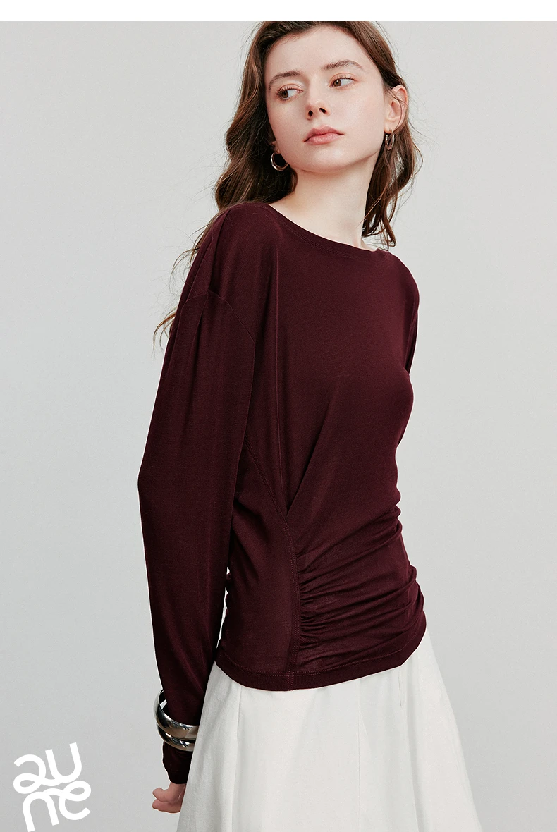 TOYOUTH Women Long Sleeve T-shirt 2025 Autumn New Irregular Pleated Wool Slim Fit Pullover Tops