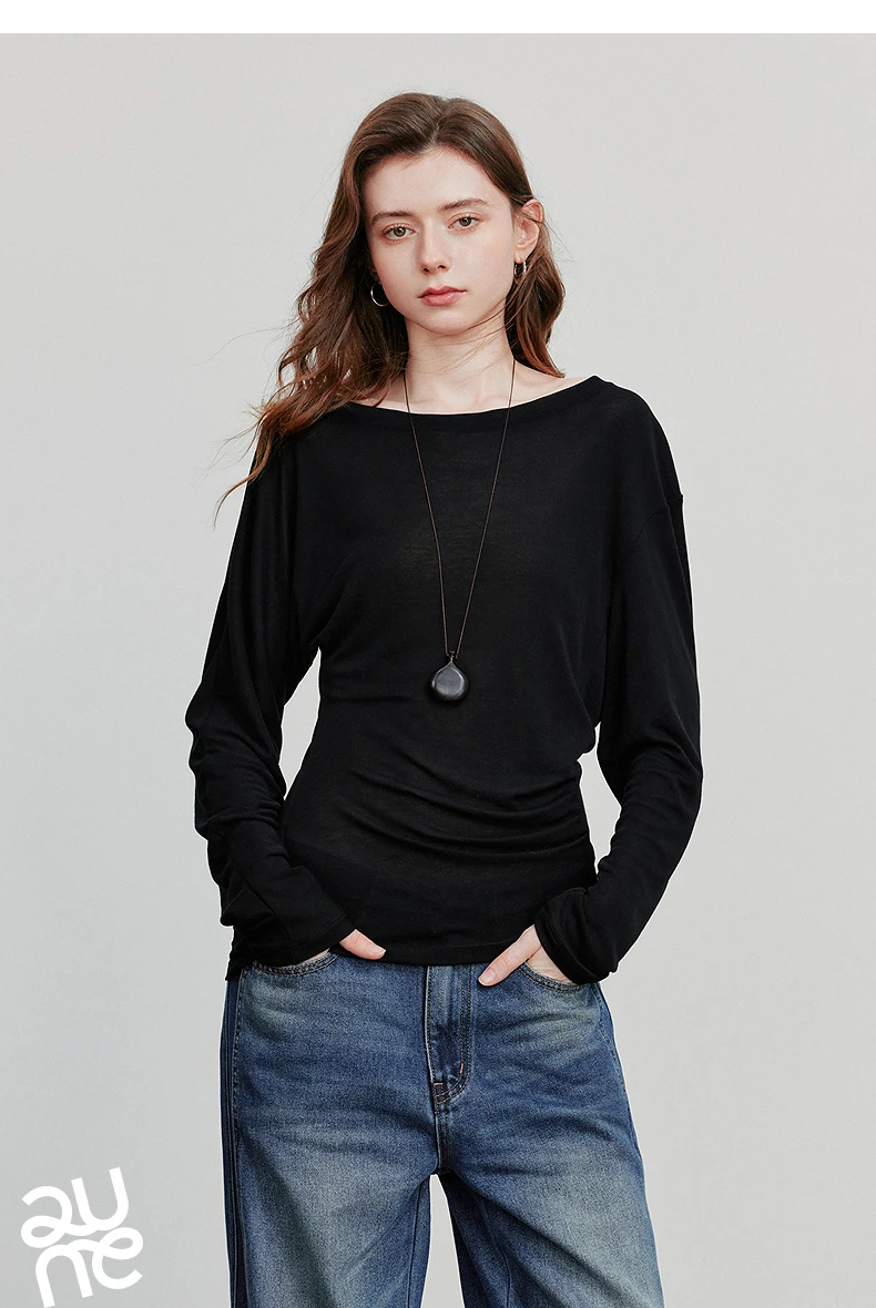 TOYOUTH Women Long Sleeve T-shirt 2025 Autumn New Irregular Pleated Wool Slim Fit Pullover Tops