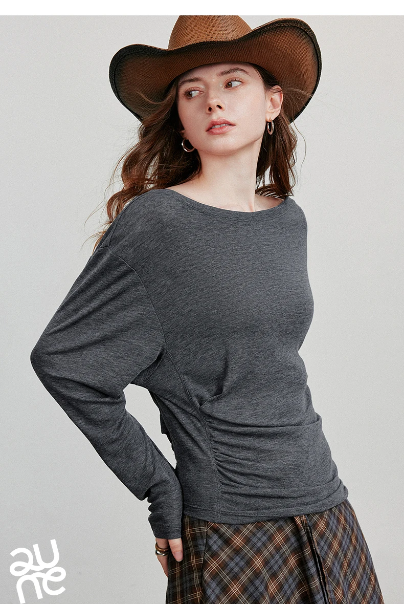 TOYOUTH Women Long Sleeve T-shirt 2025 Autumn New Irregular Pleated Wool Slim Fit Pullover Tops