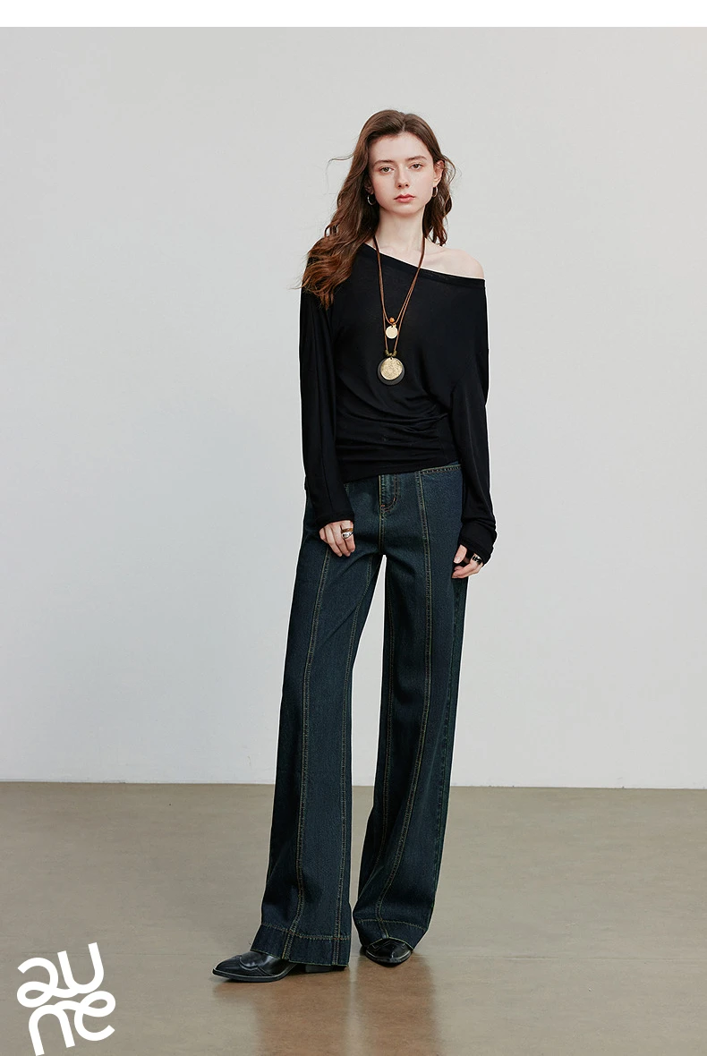 TOYOUTH Women Long Sleeve T-shirt 2025 Autumn New Irregular Pleated Wool Slim Fit Pullover Tops