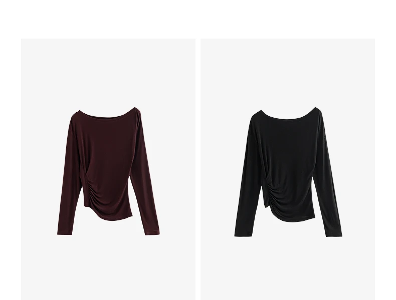 TOYOUTH Women Long Sleeve T-shirt 2025 Autumn New Irregular Pleated Wool Slim Fit Pullover Tops