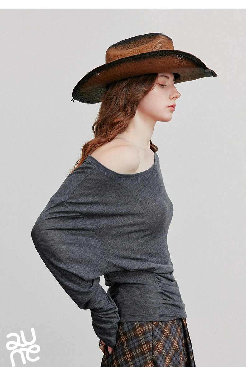 TOYOUTH Women Long Sleeve T-shirt 2025 Autumn New Irregular Pleated Wool Slim Fit Pullover Tops