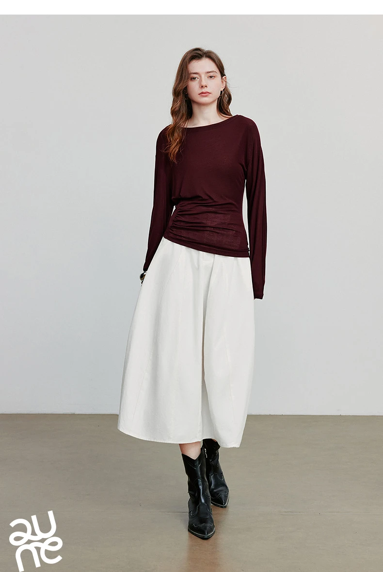 TOYOUTH Women Long Sleeve T-shirt 2025 Autumn New Irregular Pleated Wool Slim Fit Pullover Tops
