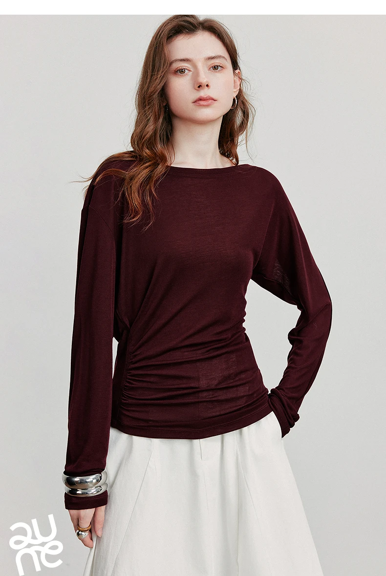 TOYOUTH Women Long Sleeve T-shirt 2025 Autumn New Irregular Pleated Wool Slim Fit Pullover Tops