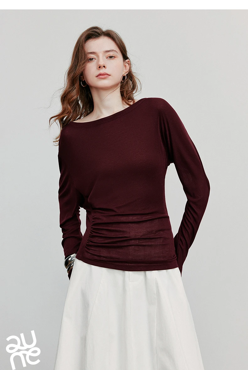 TOYOUTH Women Long Sleeve T-shirt 2025 Autumn New Irregular Pleated Wool Slim Fit Pullover Tops