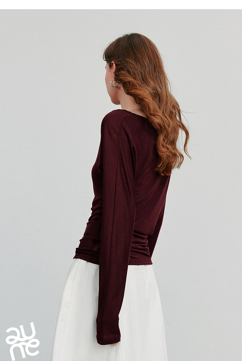 TOYOUTH Women Long Sleeve T-shirt 2025 Autumn New Irregular Pleated Wool Slim Fit Pullover Tops