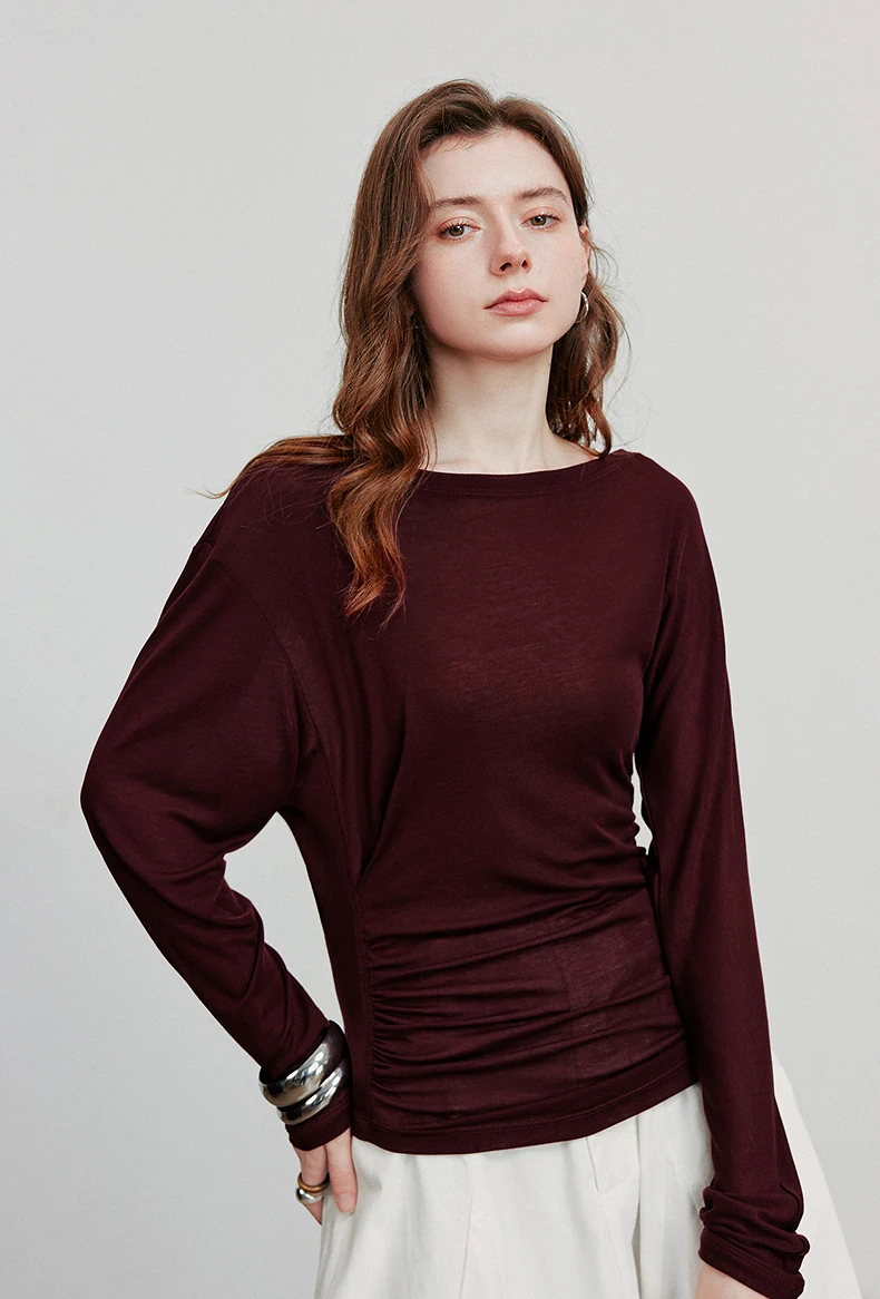 TOYOUTH Women Long Sleeve T-shirt 2025 Autumn New Irregular Pleated Wool Slim Fit Pullover Tops