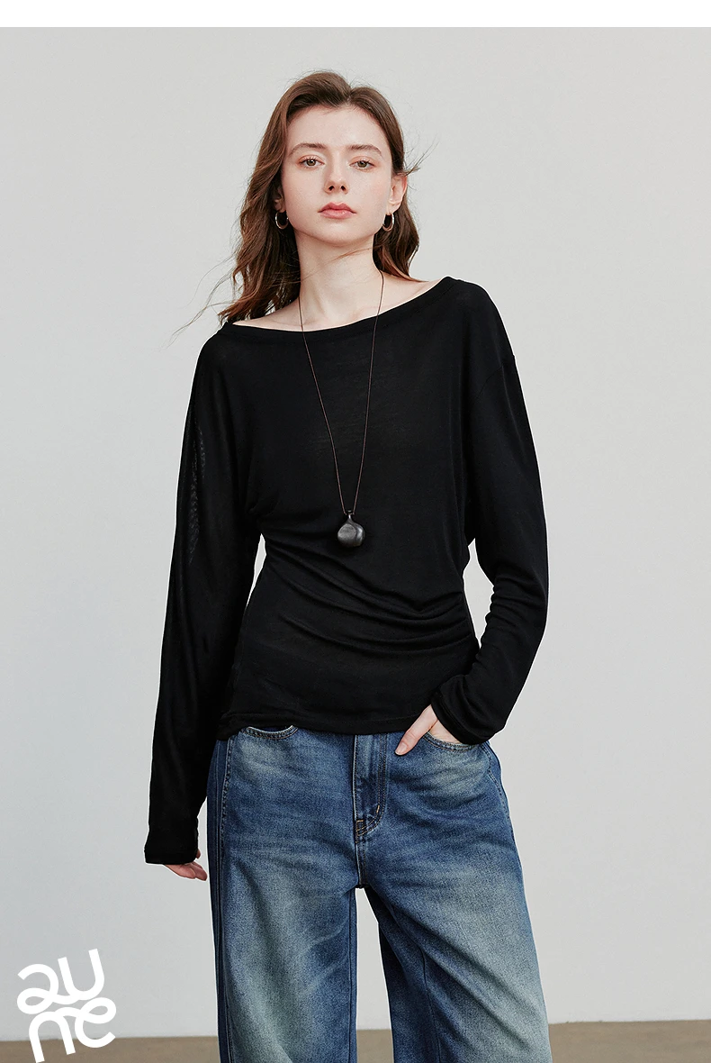 TOYOUTH Women Long Sleeve T-shirt 2025 Autumn New Irregular Pleated Wool Slim Fit Pullover Tops