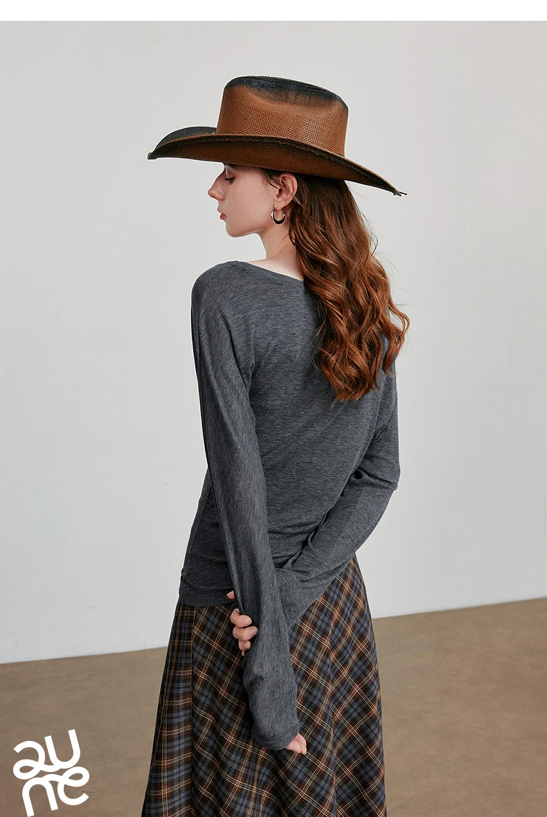 TOYOUTH Women Long Sleeve T-shirt 2025 Autumn New Irregular Pleated Wool Slim Fit Pullover Tops