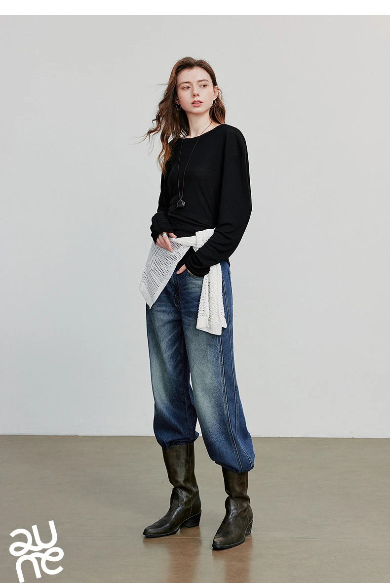 TOYOUTH Women Long Sleeve T-shirt 2025 Autumn New Irregular Pleated Wool Slim Fit Pullover Tops