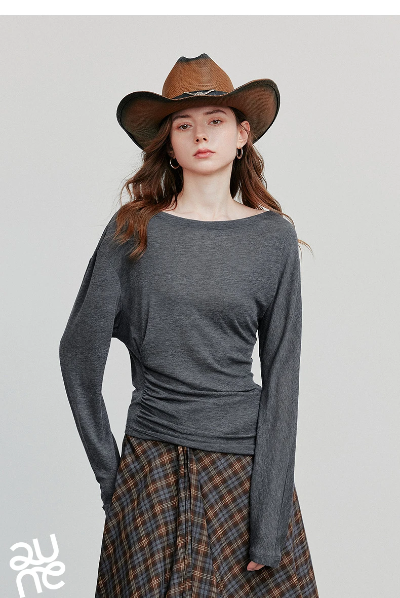 TOYOUTH Women Long Sleeve T-shirt 2025 Autumn New Irregular Pleated Wool Slim Fit Pullover Tops
