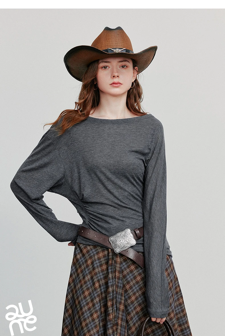 TOYOUTH Women Long Sleeve T-shirt 2025 Autumn New Irregular Pleated Wool Slim Fit Pullover Tops