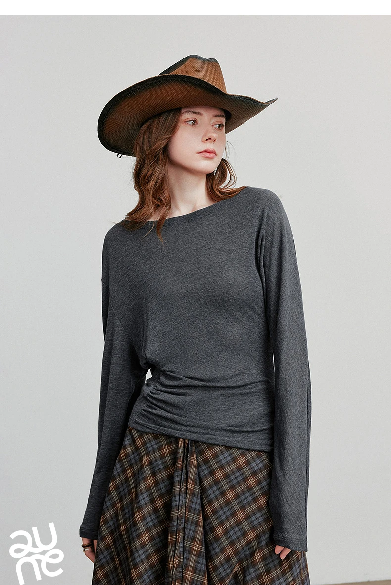 TOYOUTH Women Long Sleeve T-shirt 2025 Autumn New Irregular Pleated Wool Slim Fit Pullover Tops