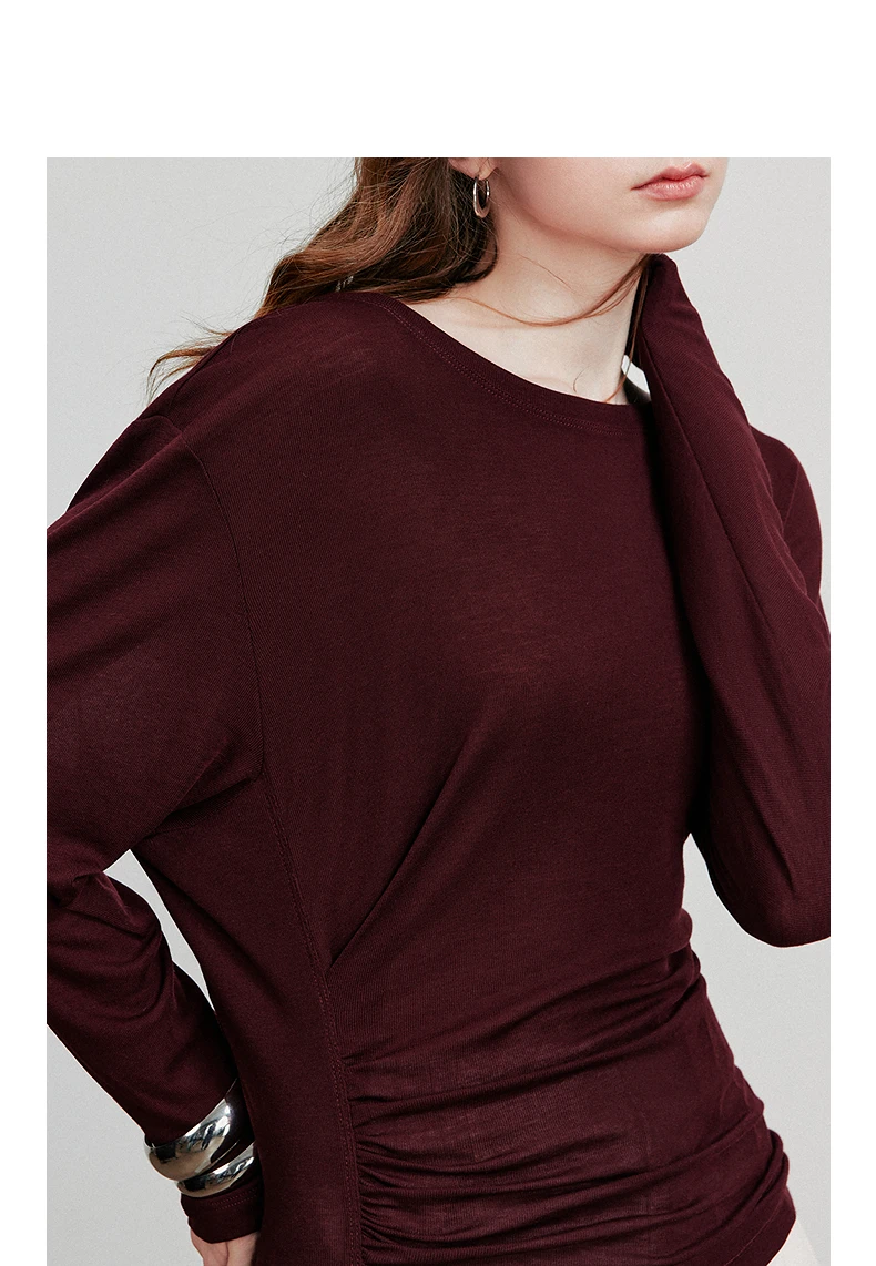 TOYOUTH Women Long Sleeve T-shirt 2025 Autumn New Irregular Pleated Wool Slim Fit Pullover Tops