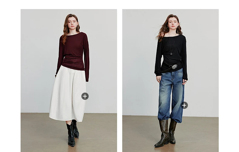 TOYOUTH Women Long Sleeve T-shirt 2025 Autumn New Irregular Pleated Wool Slim Fit Pullover Tops