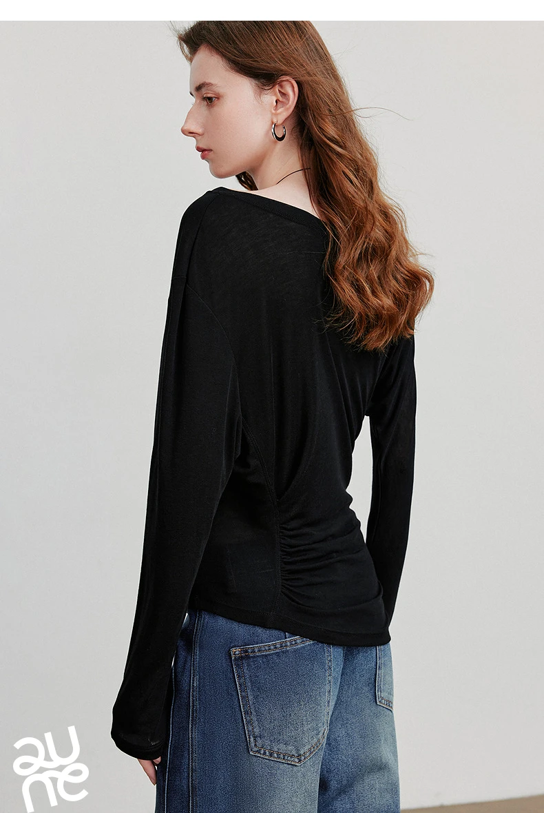 TOYOUTH Women Long Sleeve T-shirt 2025 Autumn New Irregular Pleated Wool Slim Fit Pullover Tops