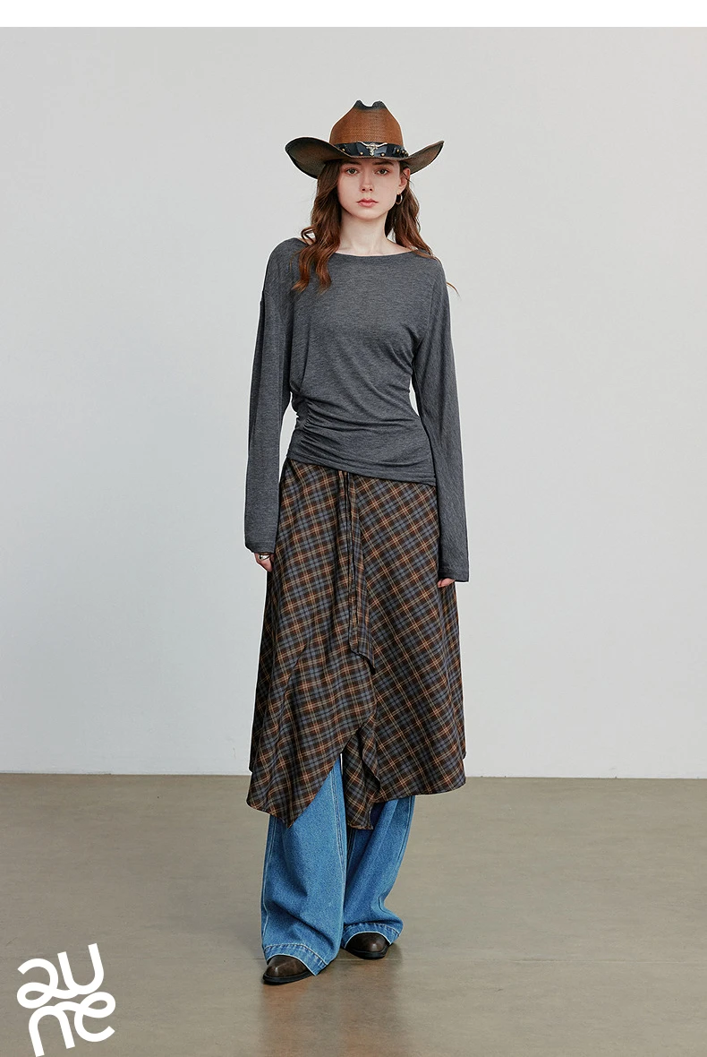 TOYOUTH Women Long Sleeve T-shirt 2025 Autumn New Irregular Pleated Wool Slim Fit Pullover Tops