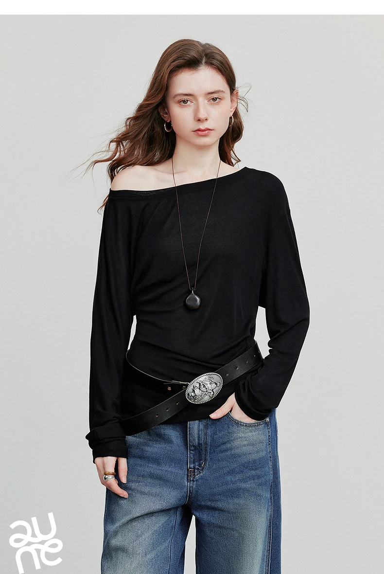 TOYOUTH Women Long Sleeve T-shirt 2025 Autumn New Irregular Pleated Wool Slim Fit Pullover Tops