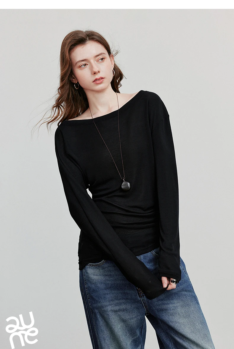 TOYOUTH Women Long Sleeve T-shirt 2025 Autumn New Irregular Pleated Wool Slim Fit Pullover Tops
