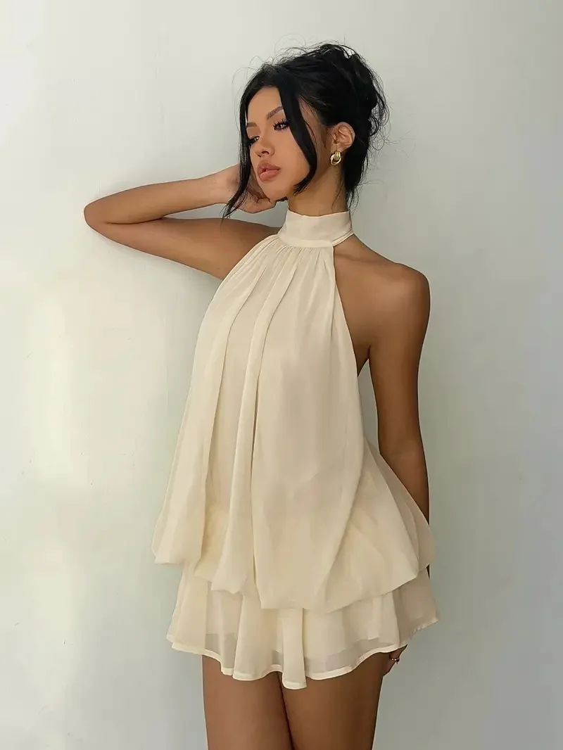 2026 Women's Elegant Halter Neck Sleeveless Ruffled Layered Chiffon Mini Dress Casual Summer Party Dress for Beach Vacation Y2K