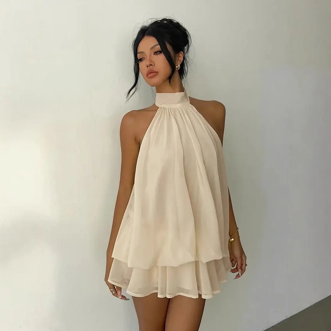 2026 Women's Elegant Halter Neck Sleeveless Ruffled Layered Chiffon Mini Dress Casual Summer Party Dress for Beach Vacation Y2K