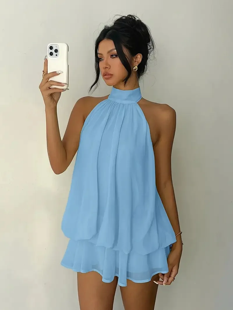 2026 Women's Elegant Halter Neck Sleeveless Ruffled Layered Chiffon Mini Dress Casual Summer Party Dress for Beach Vacation Y2K