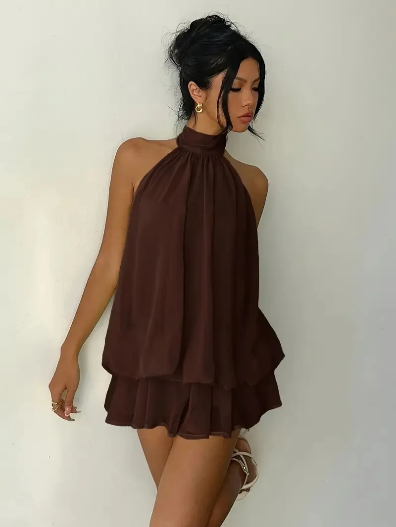 2026 Women's Elegant Halter Neck Sleeveless Ruffled Layered Chiffon Mini Dress Casual Summer Party Dress for Beach Vacation Y2K