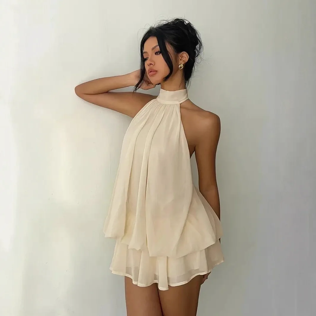 2026 Women's Elegant Halter Neck Sleeveless Ruffled Layered Chiffon Mini Dress Casual Summer Party Dress for Beach Vacation Y2K