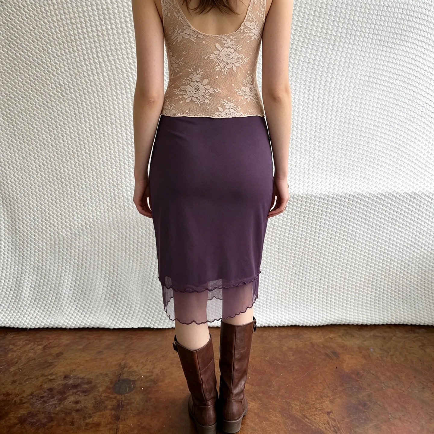 SUCHCUTE Coquette Vintage Double Layer Mesh Midi Skirt Low Waist Lace Hem Slim Straight Solid Mid Length Skirt Y2k Casual Street