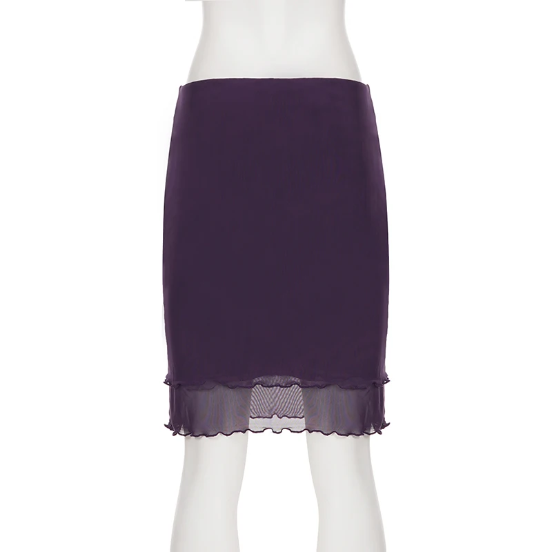 SUCHCUTE Coquette Vintage Double Layer Mesh Midi Skirt Low Waist Lace Hem Slim Straight Solid Mid Length Skirt Y2k Casual Street