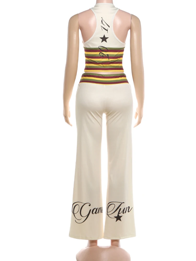 Nibber Letter Print V-Neck Sleeveless Tank Top+Wide-Leg Pants Casuals Striped 2 Piece Set Women Trend Chic Street Sport Suit