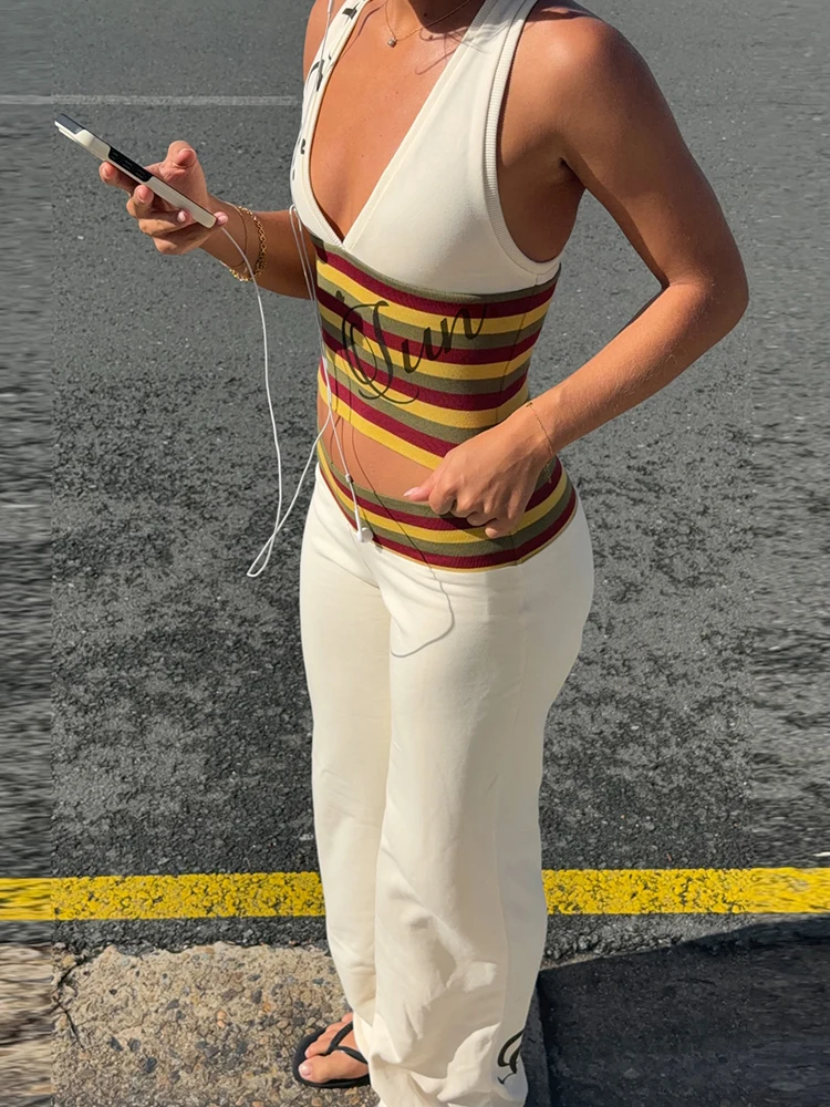 Nibber Letter Print V-Neck Sleeveless Tank Top+Wide-Leg Pants Casuals Striped 2 Piece Set Women Trend Chic Street Sport Suit