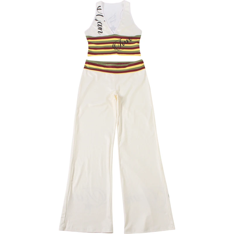 Nibber Letter Print V-Neck Sleeveless Tank Top+Wide-Leg Pants Casuals Striped 2 Piece Set Women Trend Chic Street Sport Suit