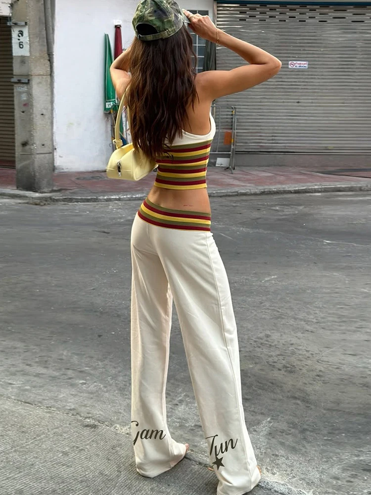 Nibber Letter Print V-Neck Sleeveless Tank Top+Wide-Leg Pants Casuals Striped 2 Piece Set Women Trend Chic Street Sport Suit