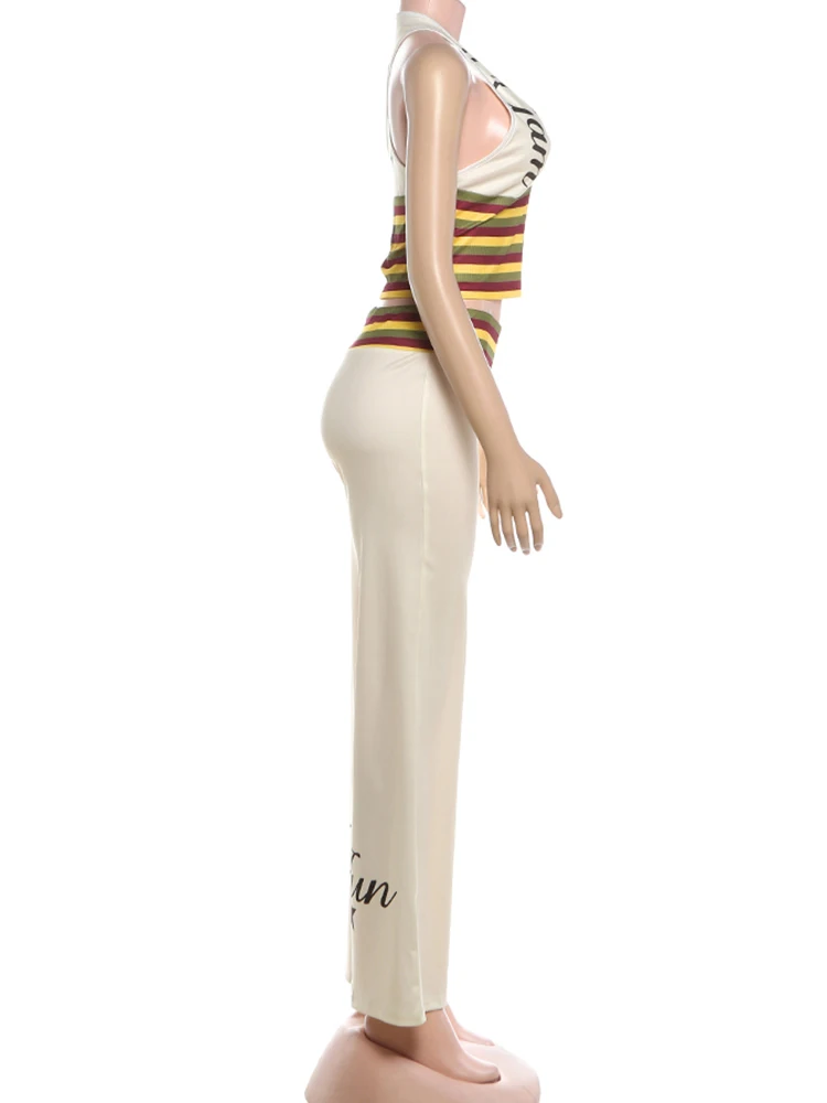 Nibber Letter Print V-Neck Sleeveless Tank Top+Wide-Leg Pants Casuals Striped 2 Piece Set Women Trend Chic Street Sport Suit