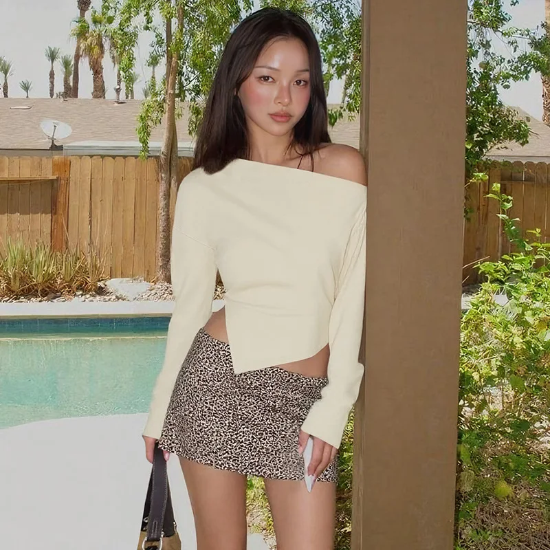 Talenza Women Casual Top Fashion Slim Slit Long Sleeve Pullover Top Sexy Strapless Pleated New Party Looks Top Female Streetwear