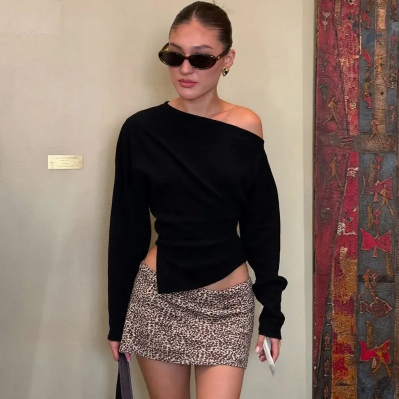Talenza Women Casual Top Fashion Slim Slit Long Sleeve Pullover Top Sexy Strapless Pleated New Party Looks Top Female Streetwear