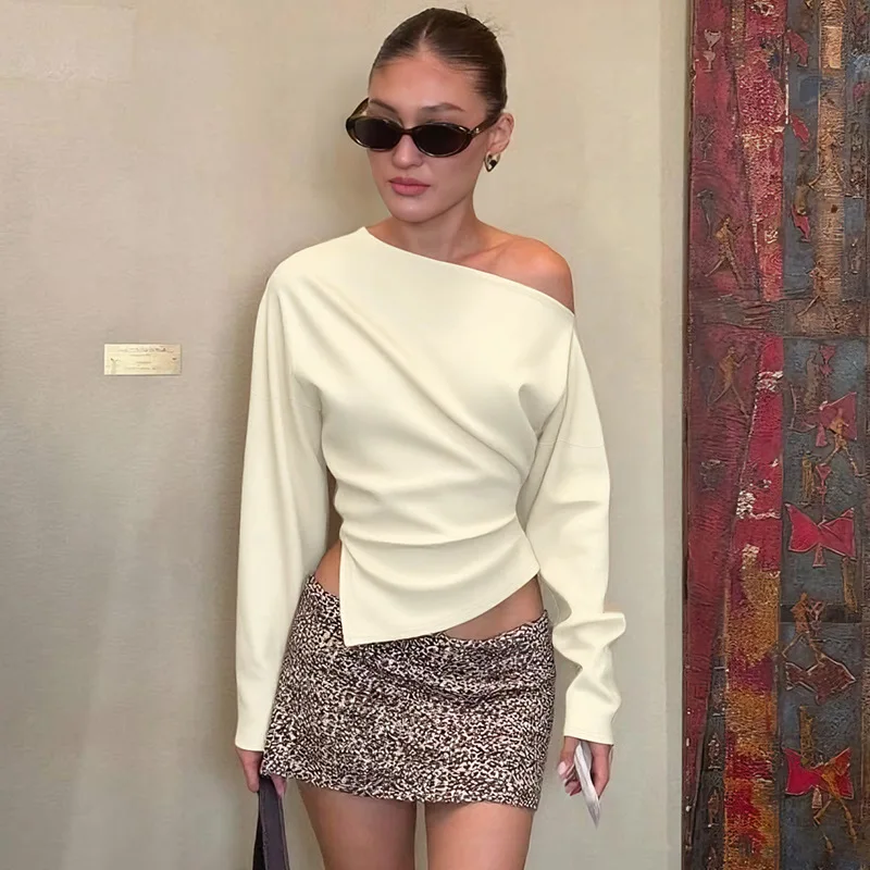 Talenza Women Casual Top Fashion Slim Slit Long Sleeve Pullover Top Sexy Strapless Pleated New Party Looks Top Female Streetwear