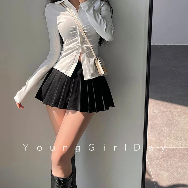 Pleated Skirt with Shorts Women Sexy High Waist Irregular White Black A-line Gyaru Tennis extreme Mini Skirt School