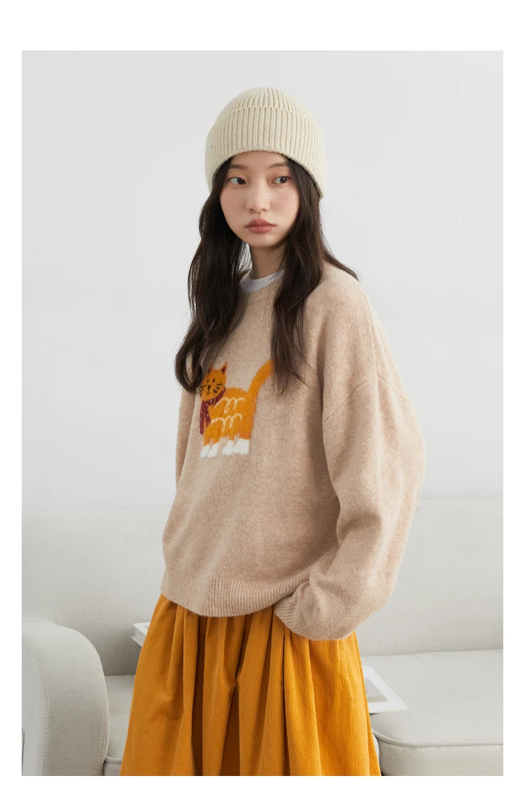 CHIC VEN New Women Sweaters Loose Casual O Neck Cartoon Cat Female Knitted Jumpers Pullovers for Girl Autumn Winter 2025