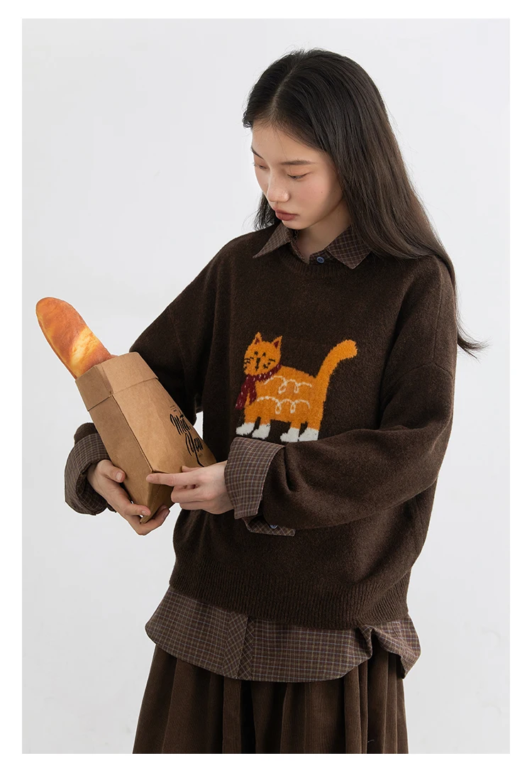 CHIC VEN New Women Sweaters Loose Casual O Neck Cartoon Cat Female Knitted Jumpers Pullovers for Girl Autumn Winter 2025