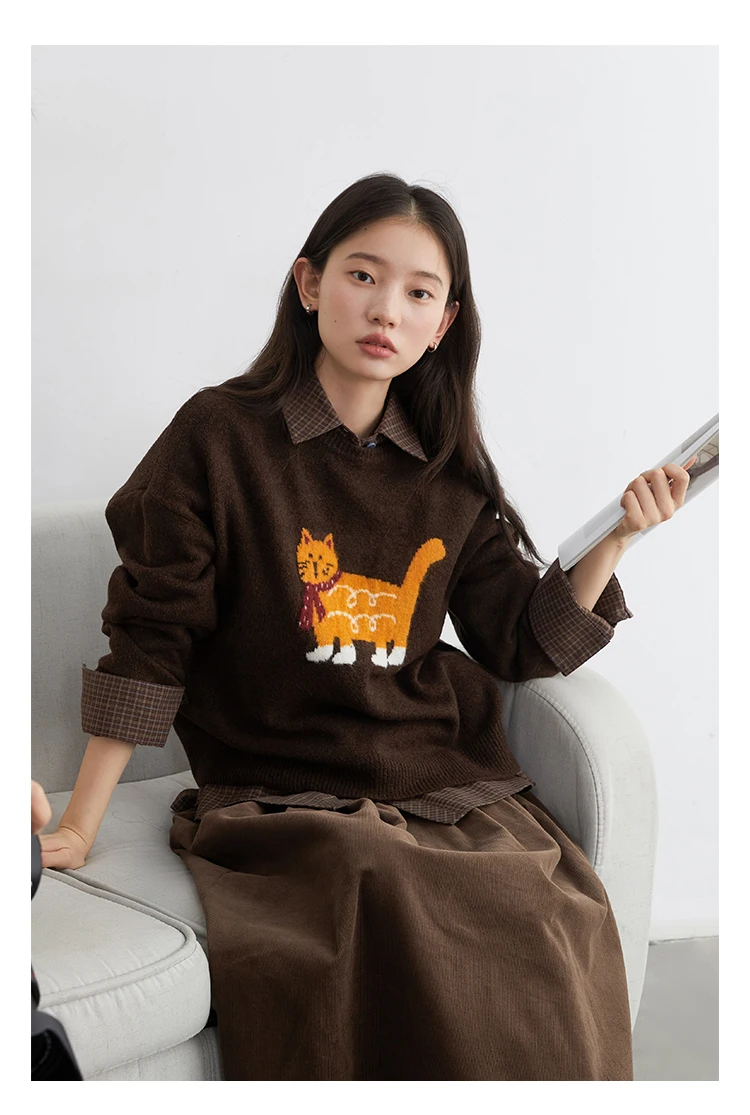 CHIC VEN New Women Sweaters Loose Casual O Neck Cartoon Cat Female Knitted Jumpers Pullovers for Girl Autumn Winter 2025